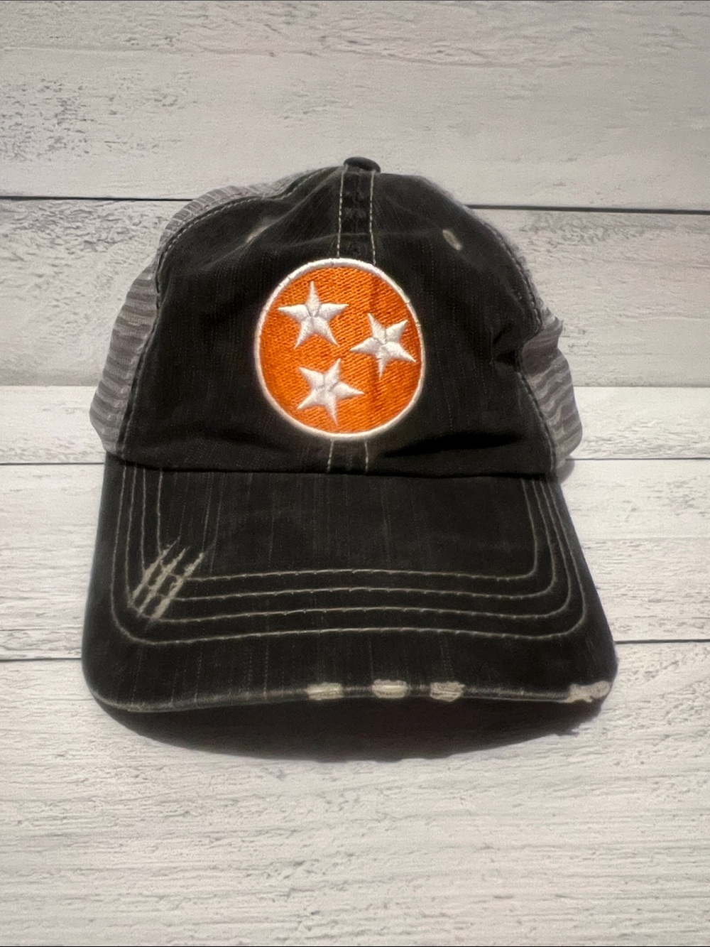 Black Distressed Tennessee Trucker Hat with Orange Star Patch